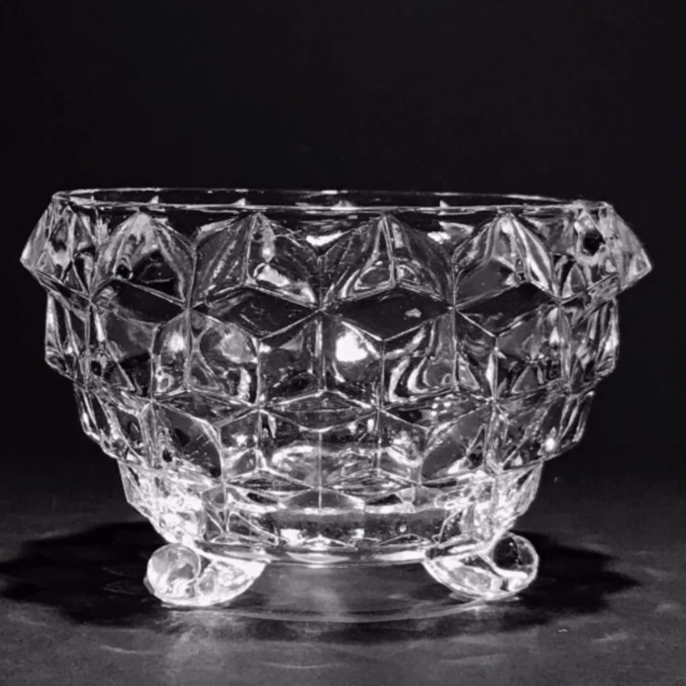 JEANNETTE Clear Glass Cubist/Cube 3 Toed Bowl 3” x  2.5” Vintage